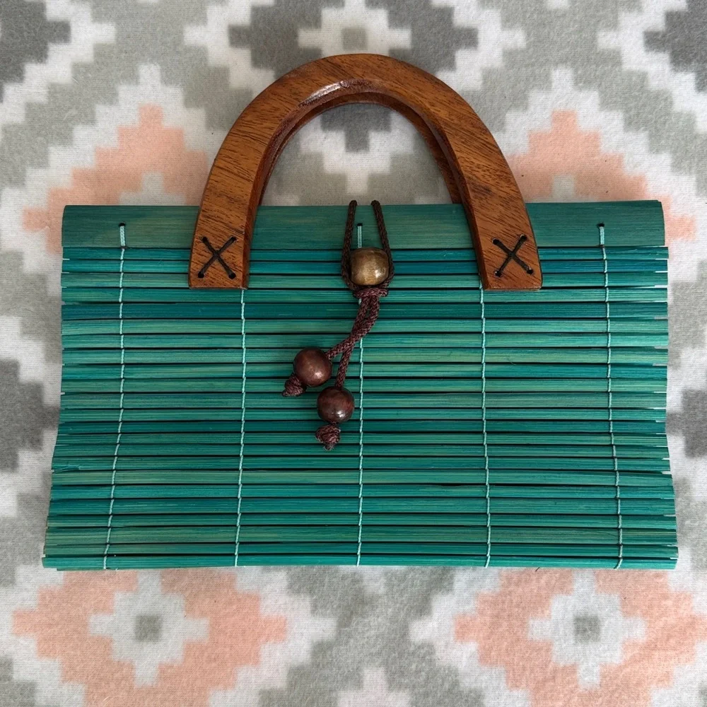 Teal Bamboo Clutch with Wooden Handle - Picture 12 of 13
